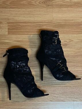 Guess Black Lace Peep-Toe Stiletto Ankle Boots